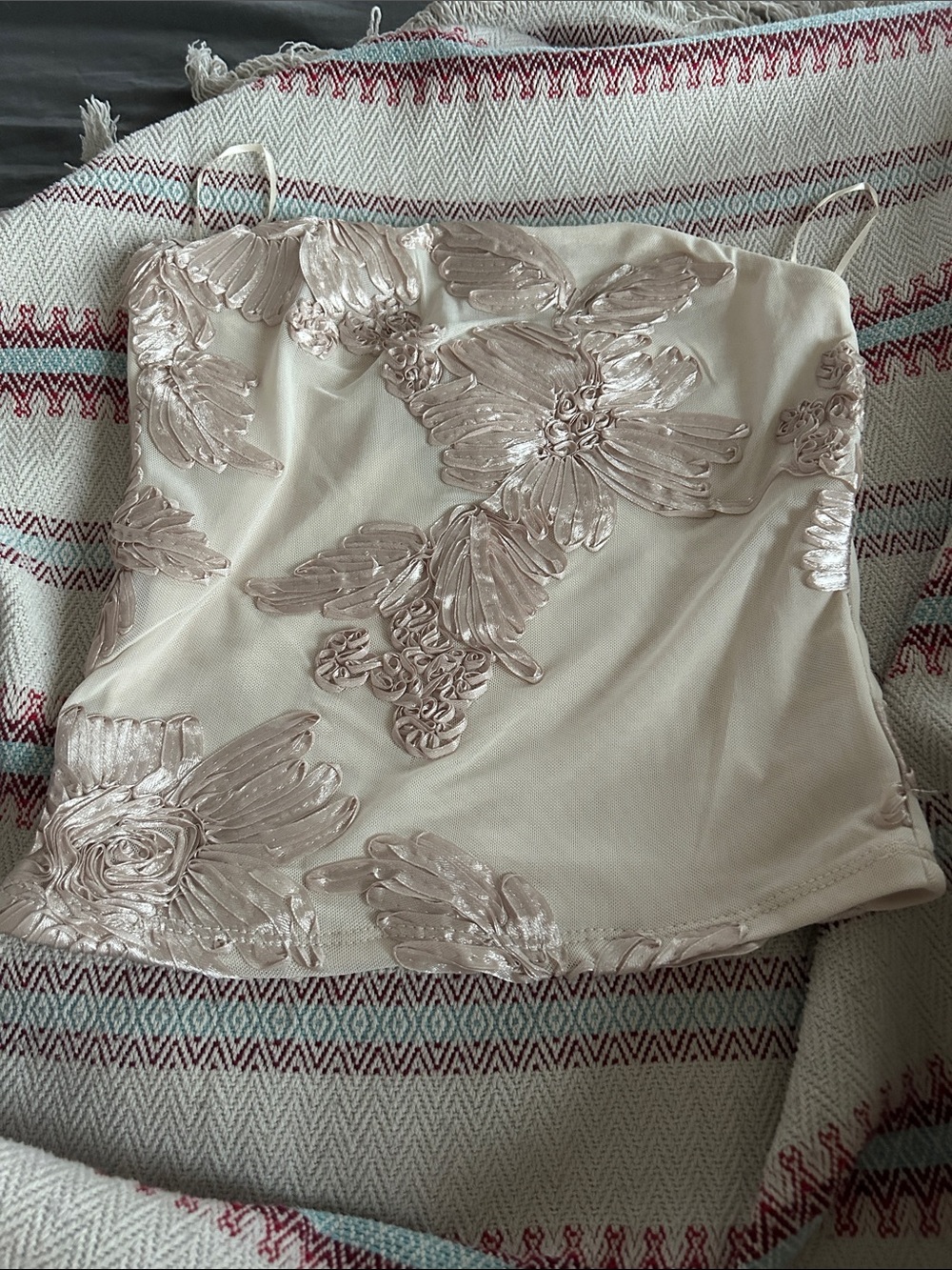 Ivory Floral Appliqué Strapless Crop Top